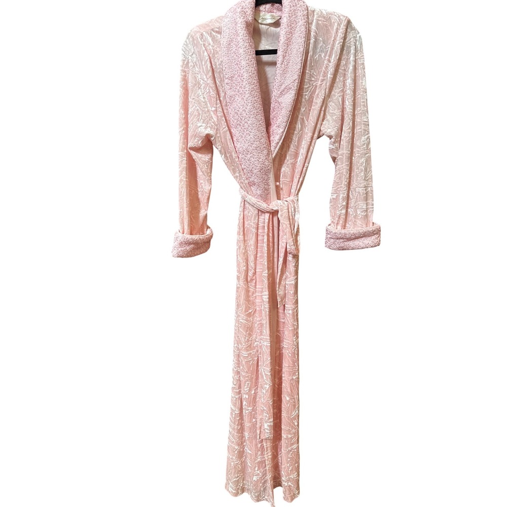 Diamond Tea Pink Crushed Velvet Long Robe Shawl Collar Floral Trim Belted L